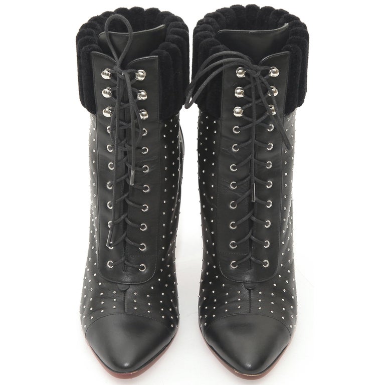 CHRISTIAN LOUBOUTIN Black Leather Ankle Boot Silver Studs Lace Up Toe