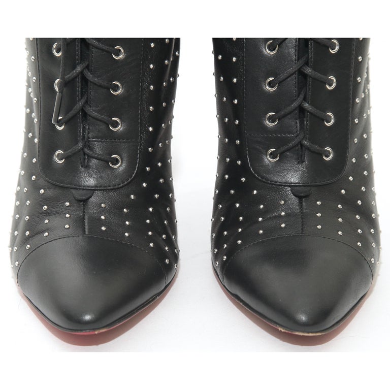 CHRISTIAN LOUBOUTIN Black Leather Ankle Boot Silver Studs Lace Up - Main Image