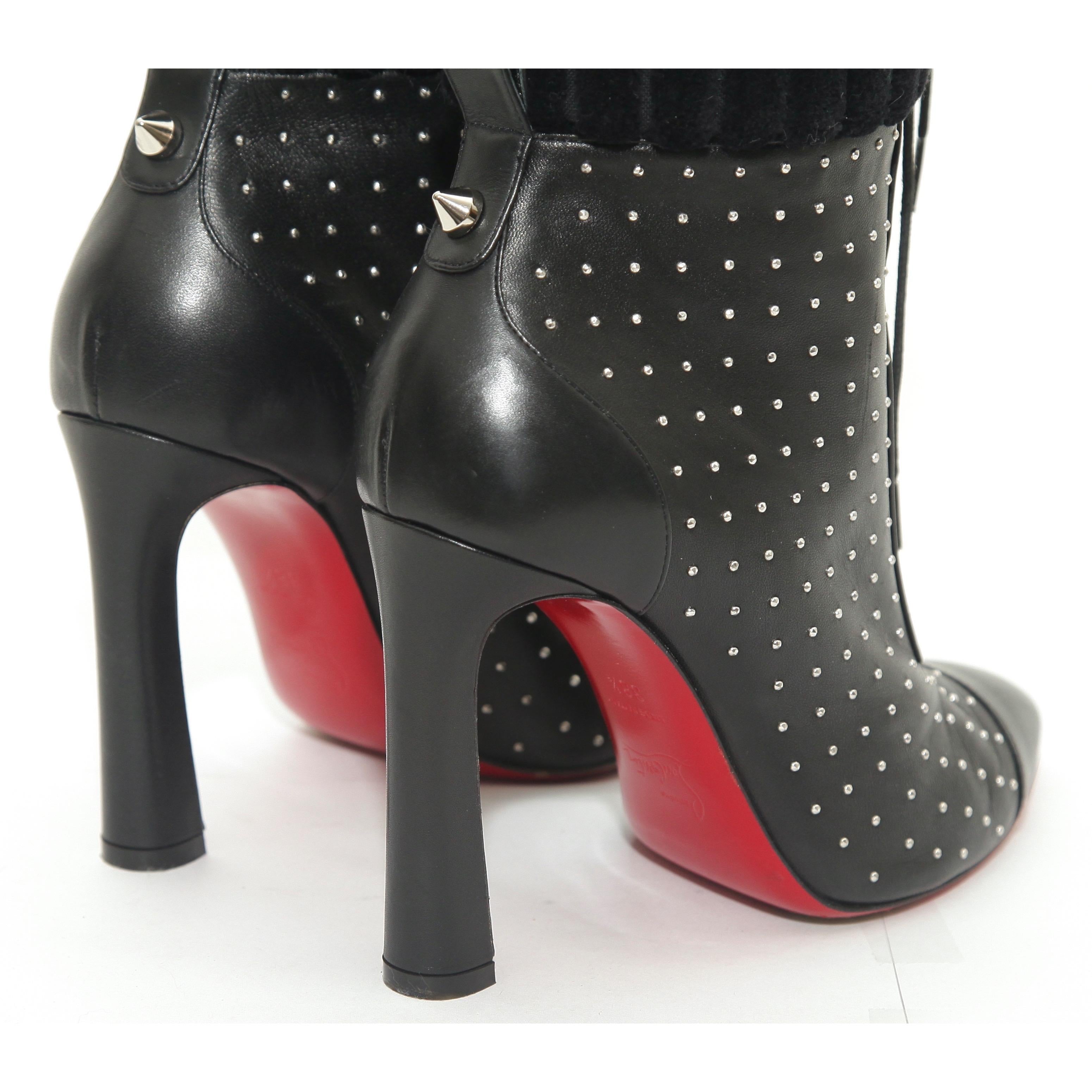 Women's CHRISTIAN LOUBOUTIN Black Leather Ankle Boot Silver Studs Lace Up Toe Sz 38.5 For Sale