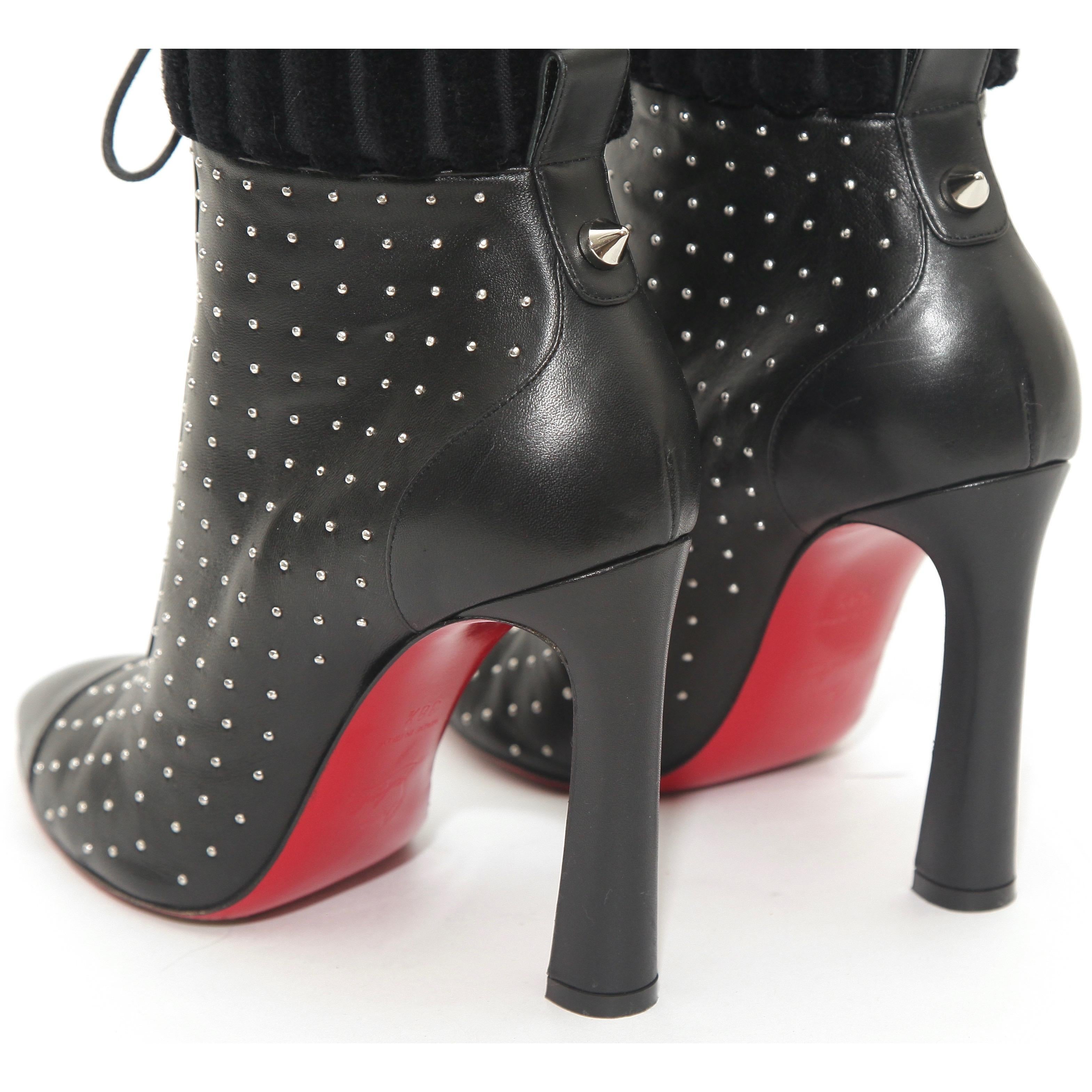 CHRISTIAN LOUBOUTIN Black Leather Ankle Boot Silver Studs Lace Up Toe Sz 38.5 For Sale 1