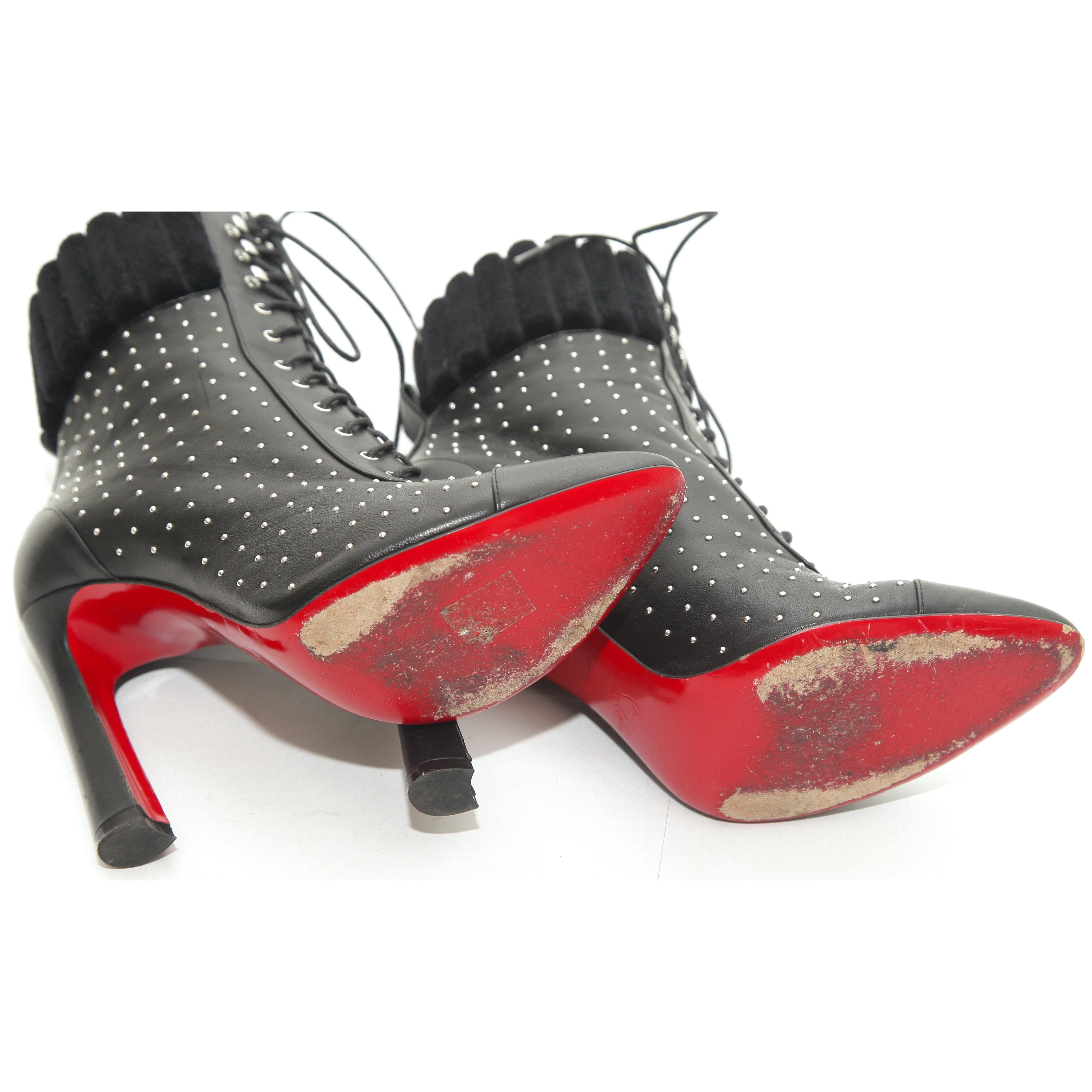 CHRISTIAN LOUBOUTIN Black Leather Ankle Boot Silver Studs Lace Up Toe Sz 38.5 For Sale 2