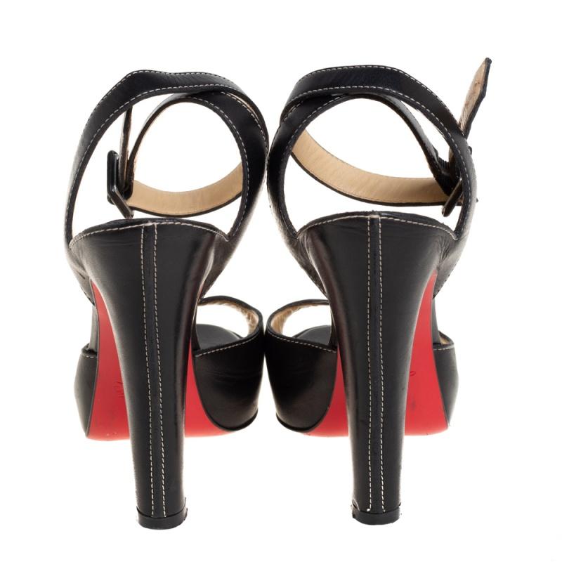 Women's Christian Louboutin Black Leather Ankle Strap Sandals Size 37