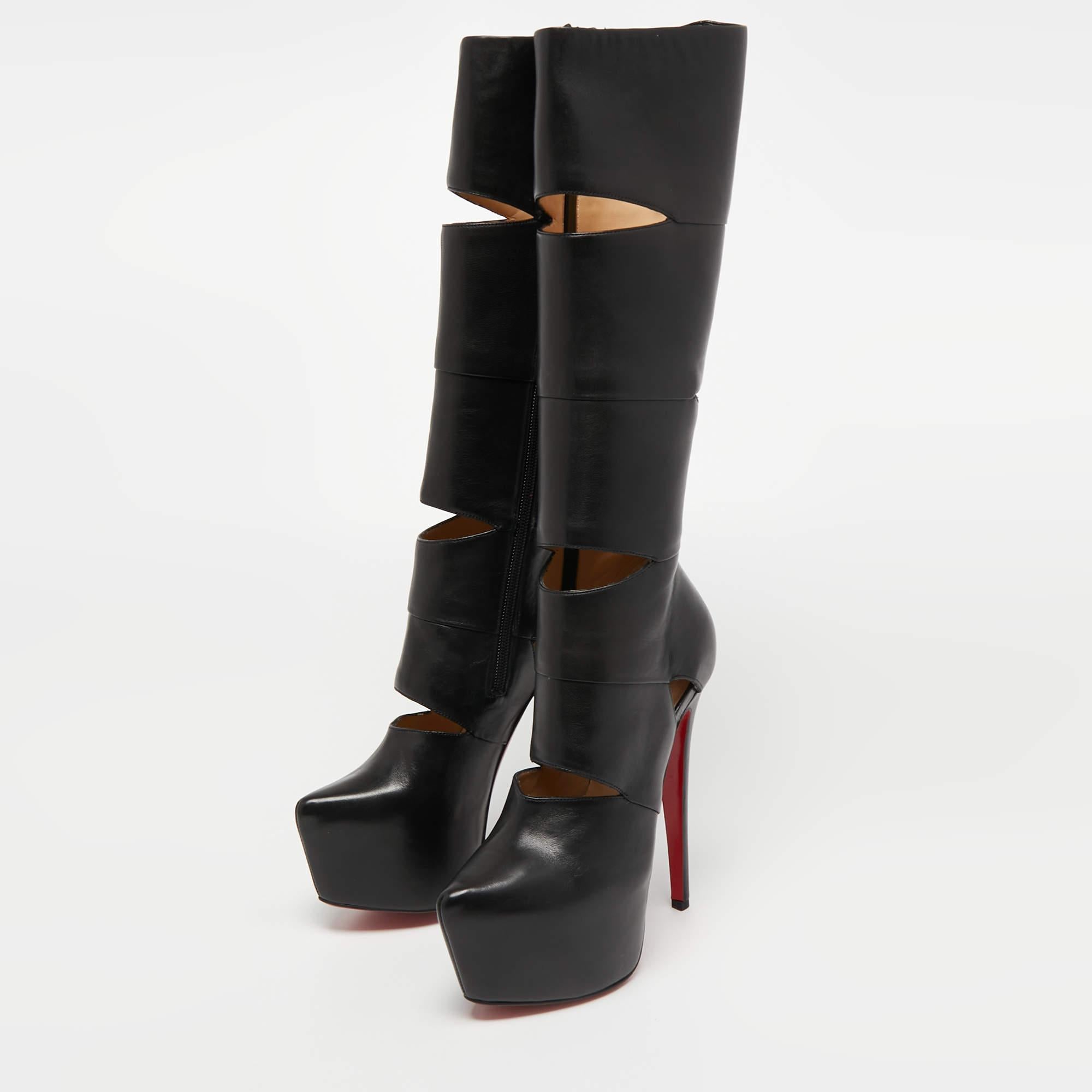 Christian Louboutin Black Leather Bandita Platform Knee Length Boots Size  36.5 For Sale at 1stDibs