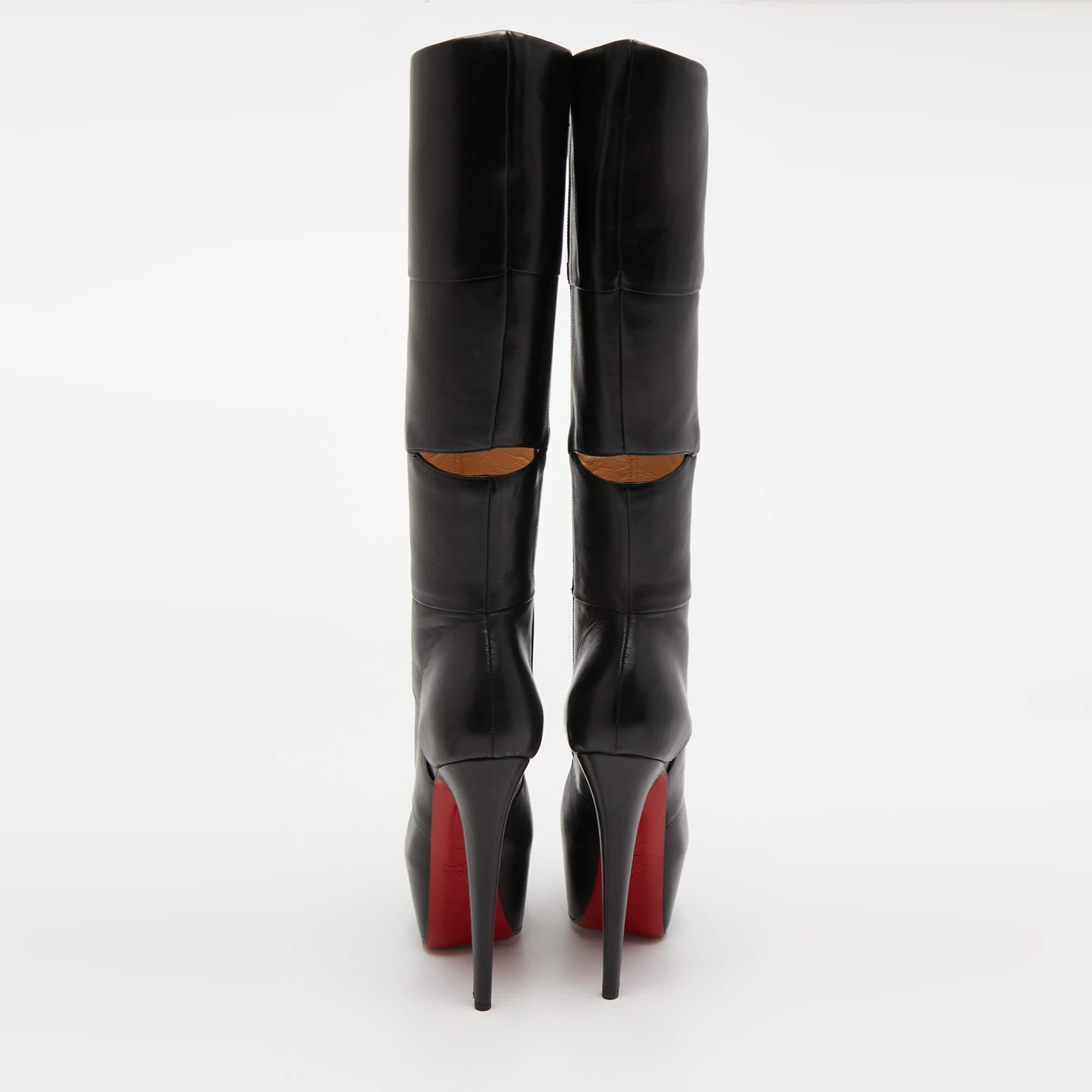 Christian Louboutin Black Leather Bandita Platform Knee Length Boots Size 36.5 In Good Condition In Dubai, Al Qouz 2