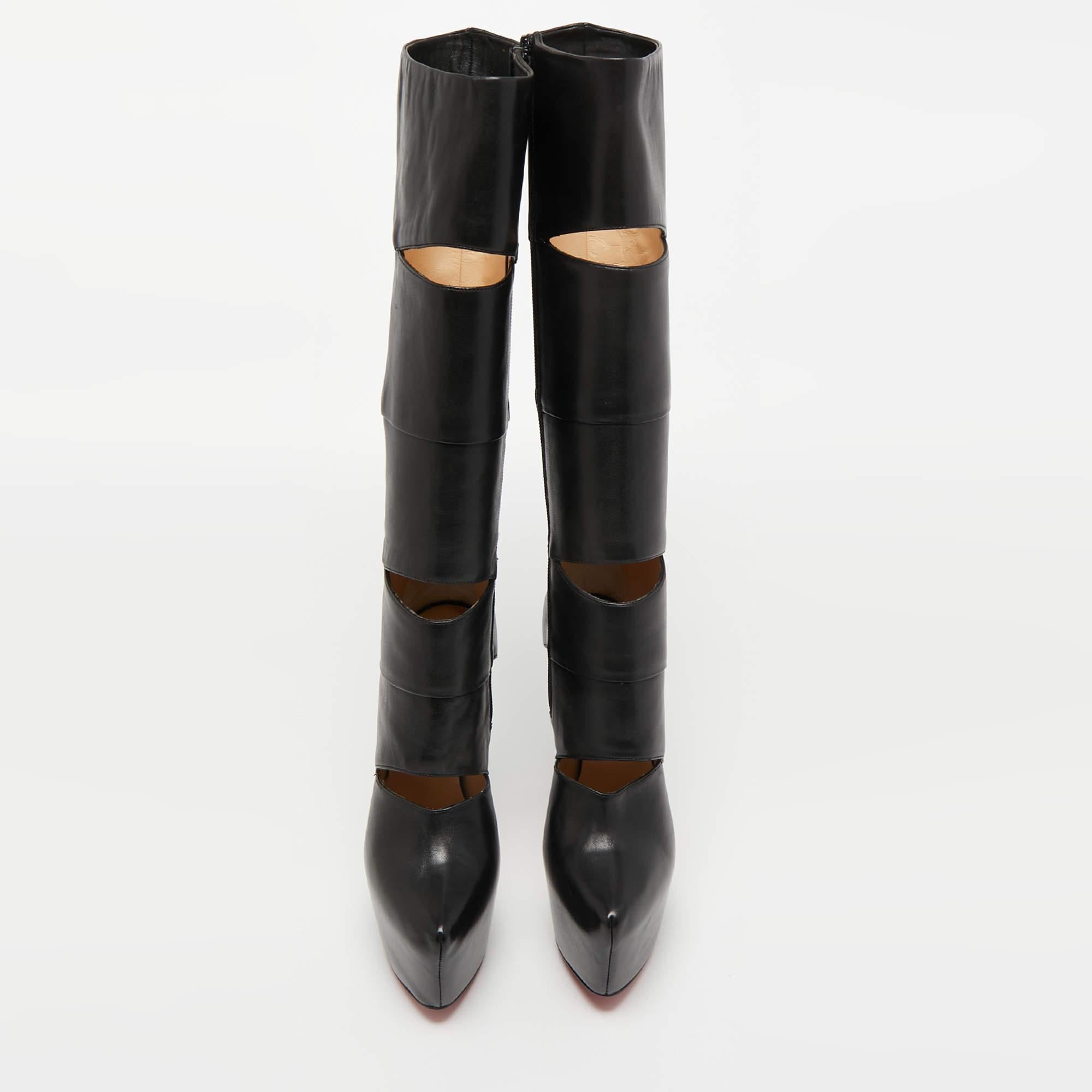 Women's Christian Louboutin Black Leather Bandita Platform Knee Length Boots Size 36.5