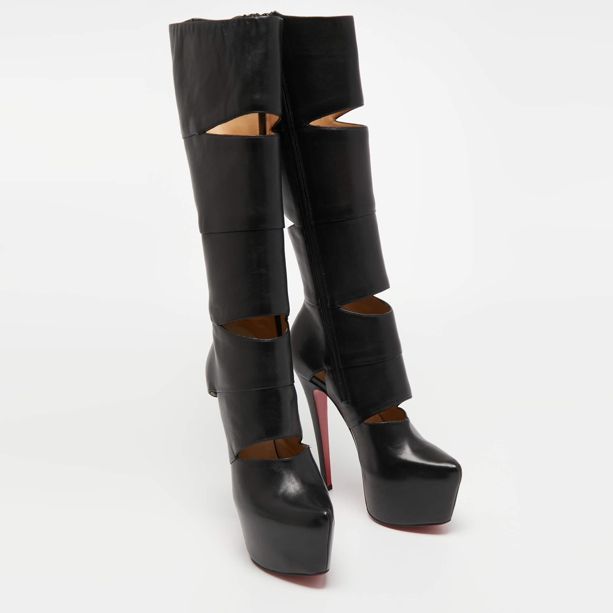 Christian Louboutin Black Leather Bandita Platform Knee Length Boots Size 36.5 1