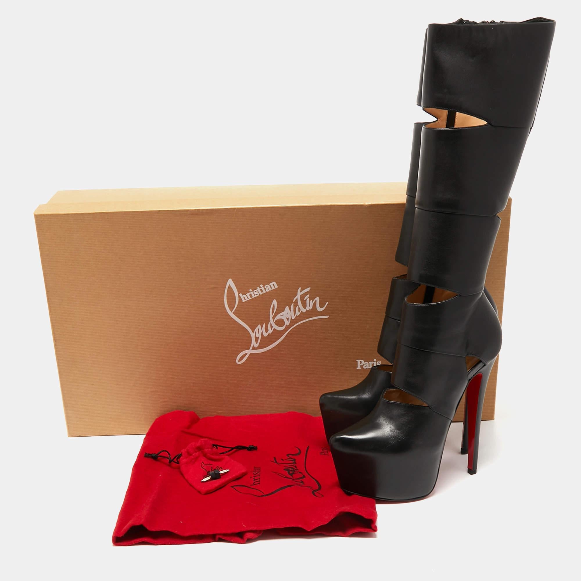 Christian Louboutin Black Leather Bandita Platform Knee Length Boots Size 36.5 5