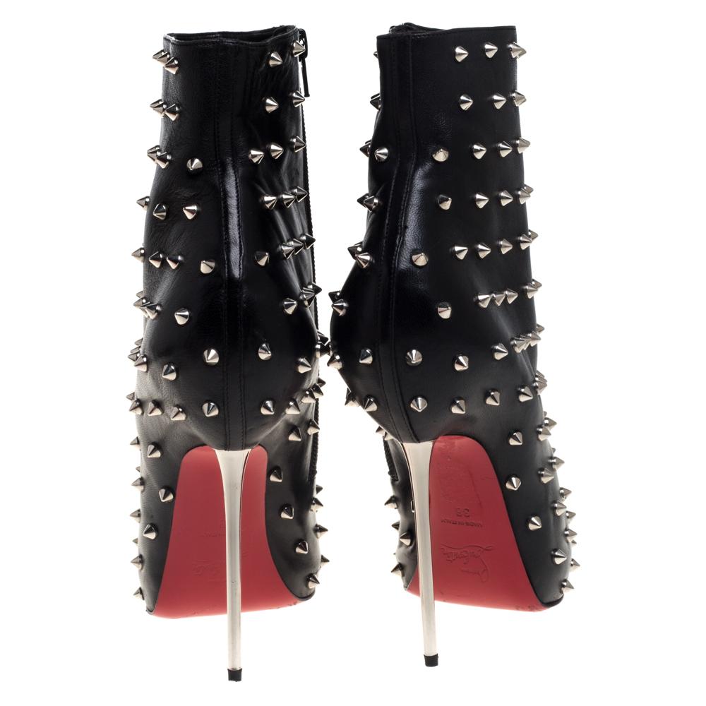 Women's Christian Louboutin Black Leather Big Lips Spiked Ankle Boots Size 38