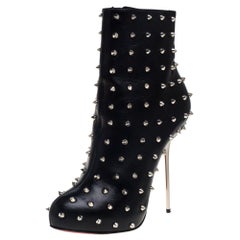 Christian Louboutin Black Leather Big Lips Spiked Ankle Boots Size 38