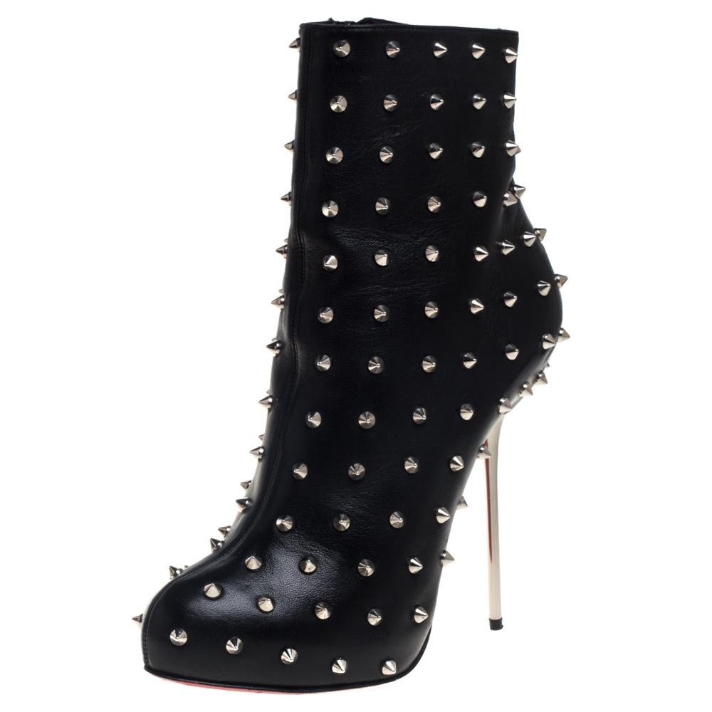 Christian Louboutin Black Leather Big Lips Spiked Ankle Boots Size 38