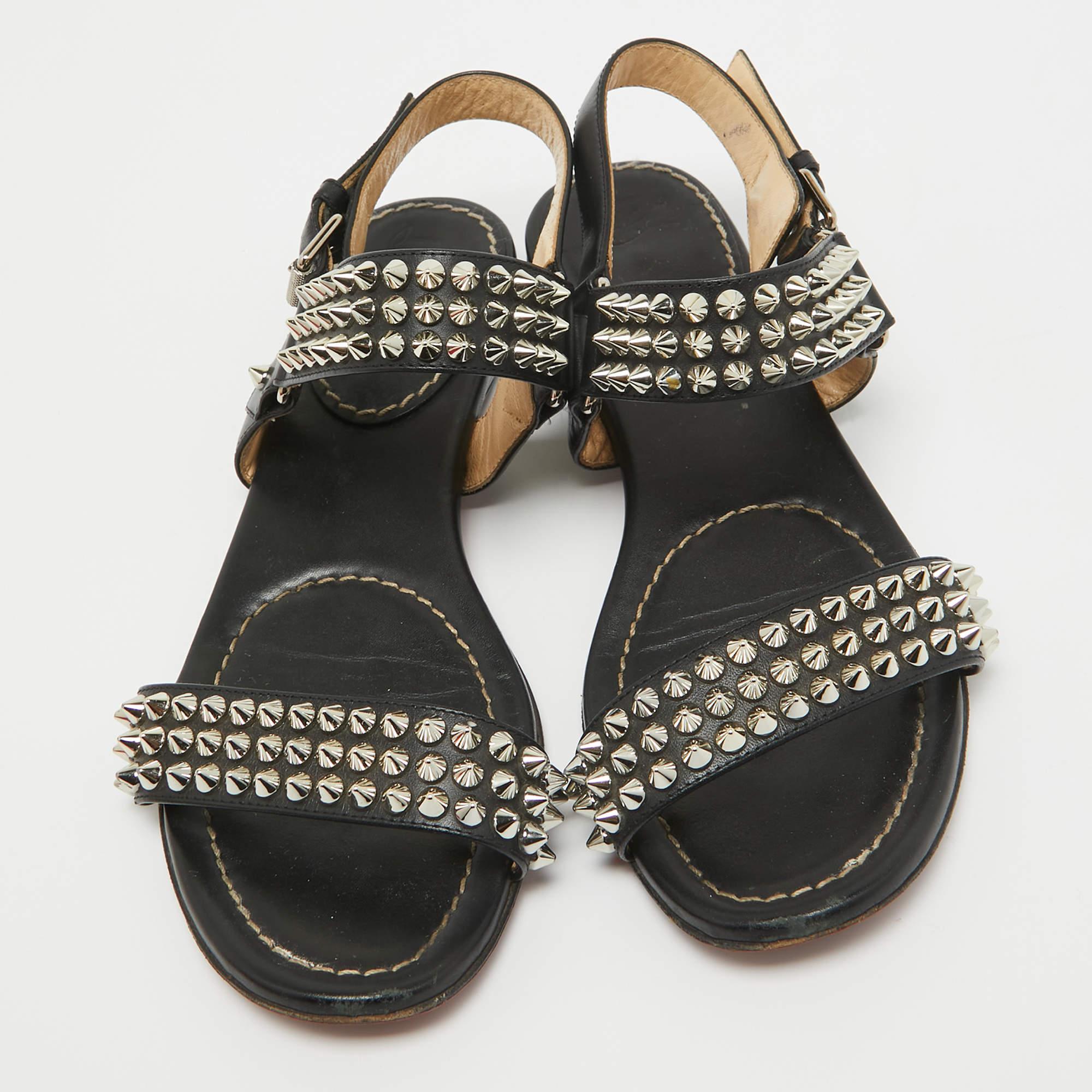 Christian Louboutin Black Leather Bikee Bike Spikes Flat Sandals Size 37 In Fair Condition For Sale In Dubai, Al Qouz 2