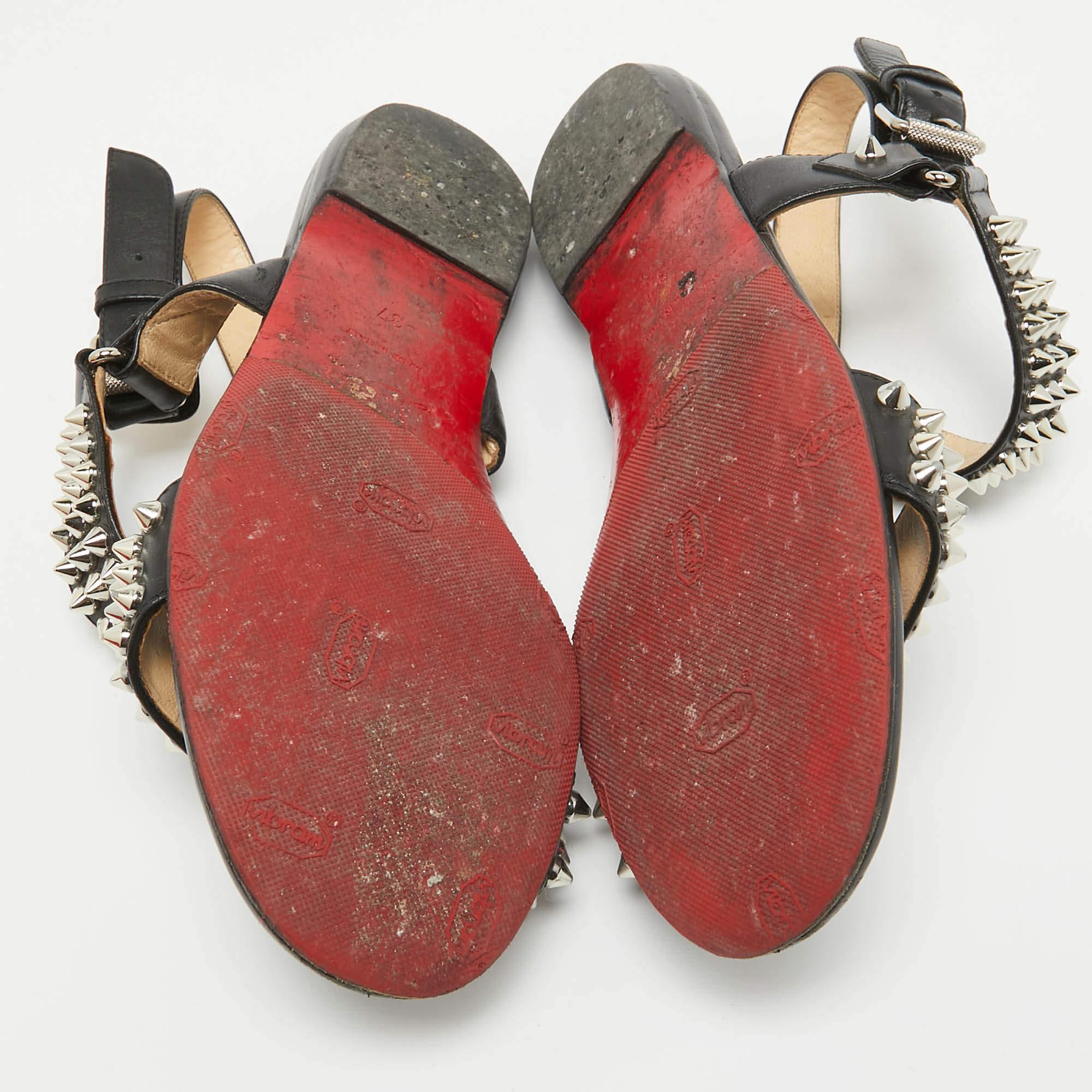 Christian Louboutin Black Leather Bikee Bike Spikes Flat Sandals Size 37 For Sale 2