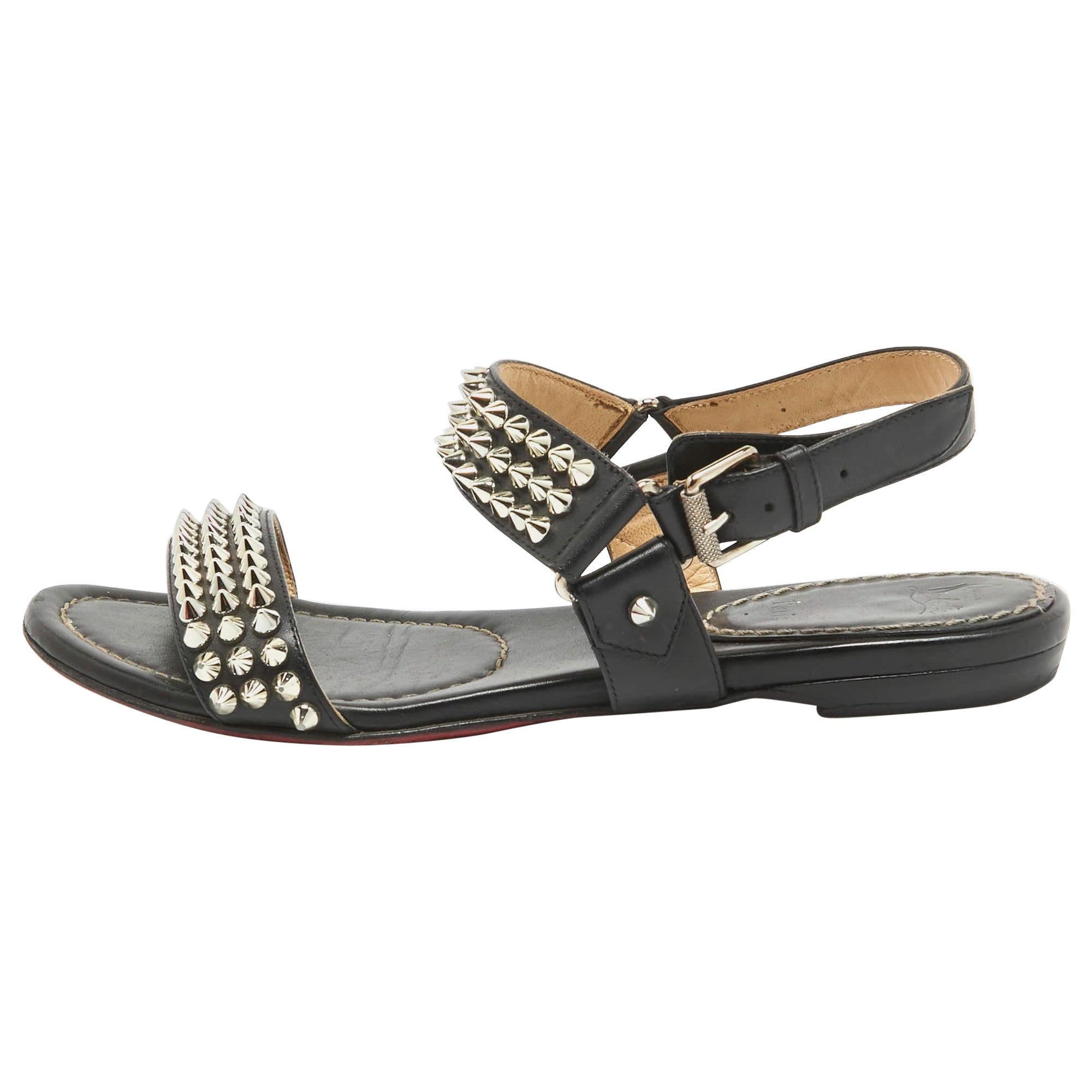 Christian Louboutin Black Leather Bikee Bike Spikes Flat Sandals Size 37