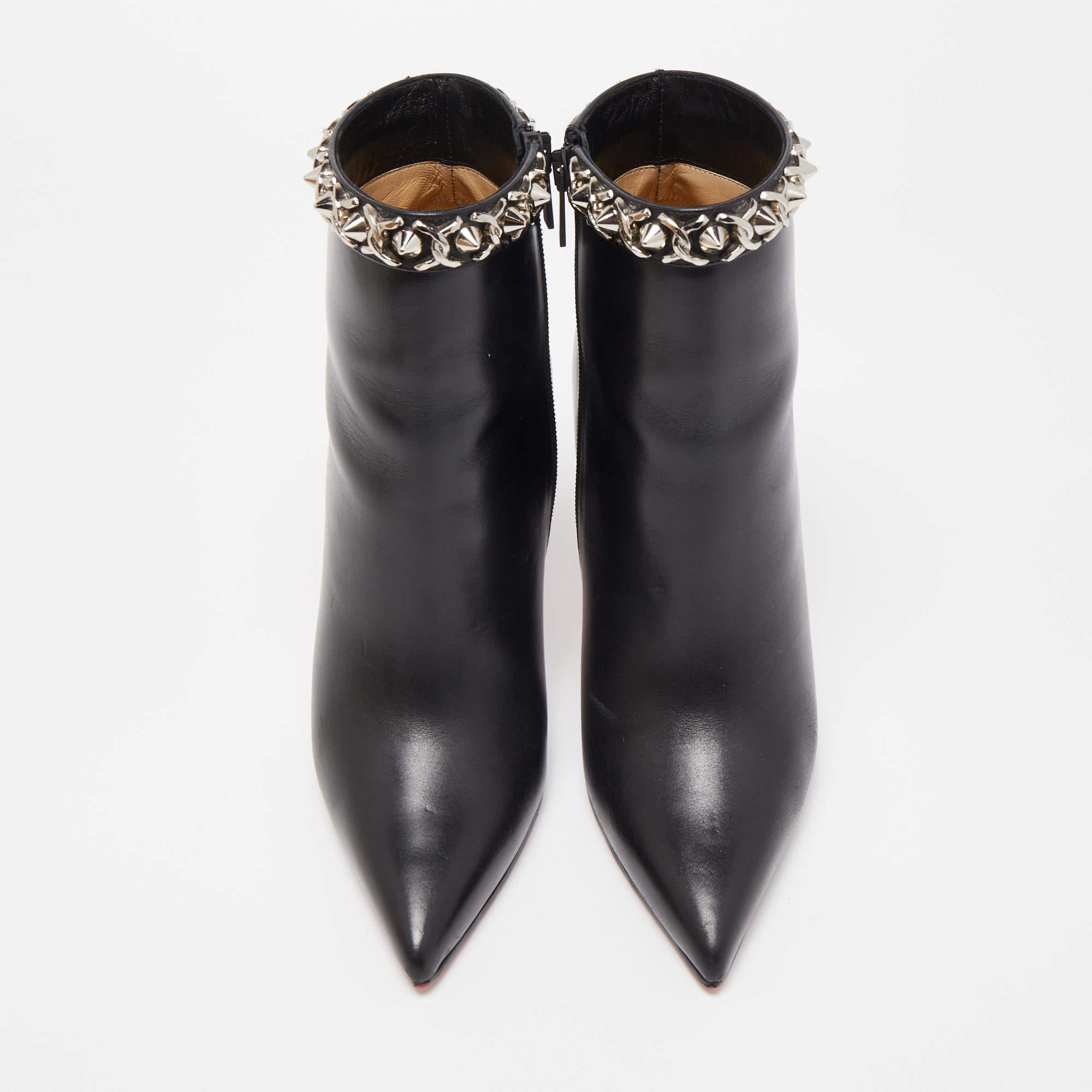 Women's Christian Louboutin Black Leather Booty Chain Ankle Boots
