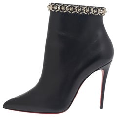 Christian Louboutin Black Leather Booty Chain Spiked Boots 37.5