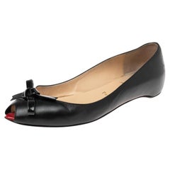 Christian Louboutin Black Leather Bow Peep-Toe Ballet Flats Size 37.5