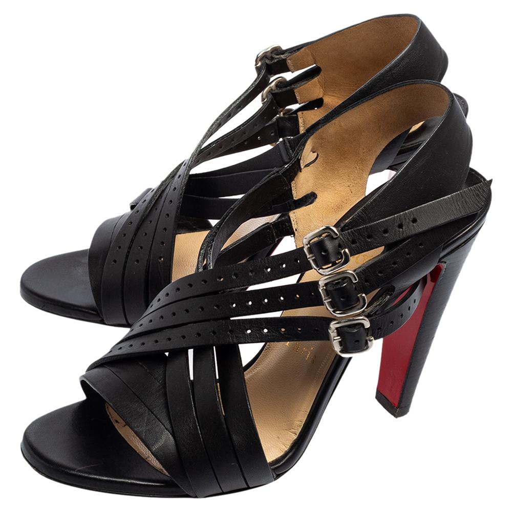 Christian Louboutin Black Leather Buckle Cross Strap Sandals Size 37 In Good Condition In Dubai, Al Qouz 2