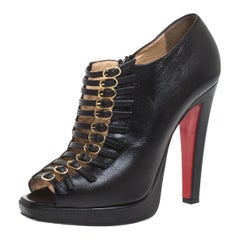 Christian Louboutin Black Leather Buckle Detail Open Toe Ankle Boots Size 38