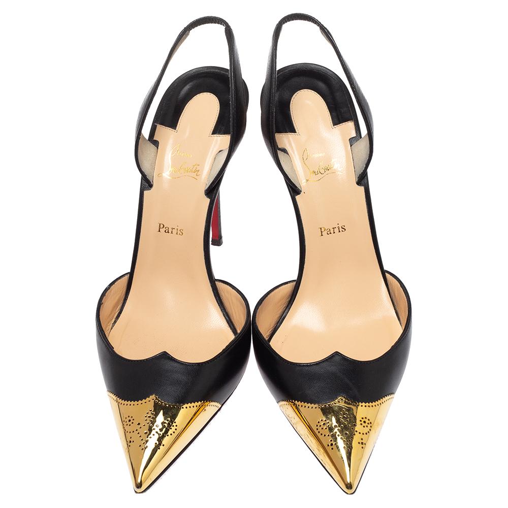 Louboutin makes yet again a pair that is unmatched with its fierce aura. Made from leather, this pair features a black color against its gold-tone metal pointed toes with baroque-like patterns. With 10.5 cm stiletto heels, this pair has