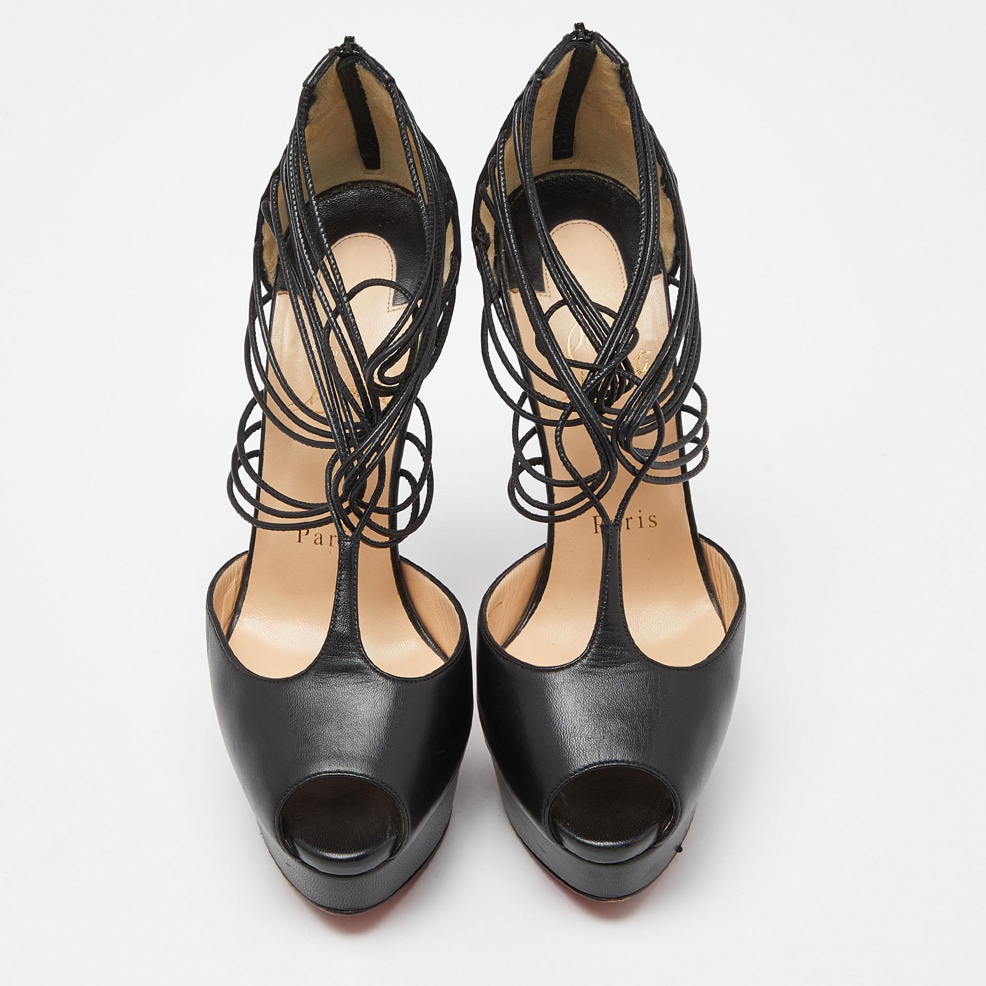 Christian Louboutin Black Leather Confusalta Platform Sandals Size 37.5 In Fair Condition For Sale In Dubai, Al Qouz 2