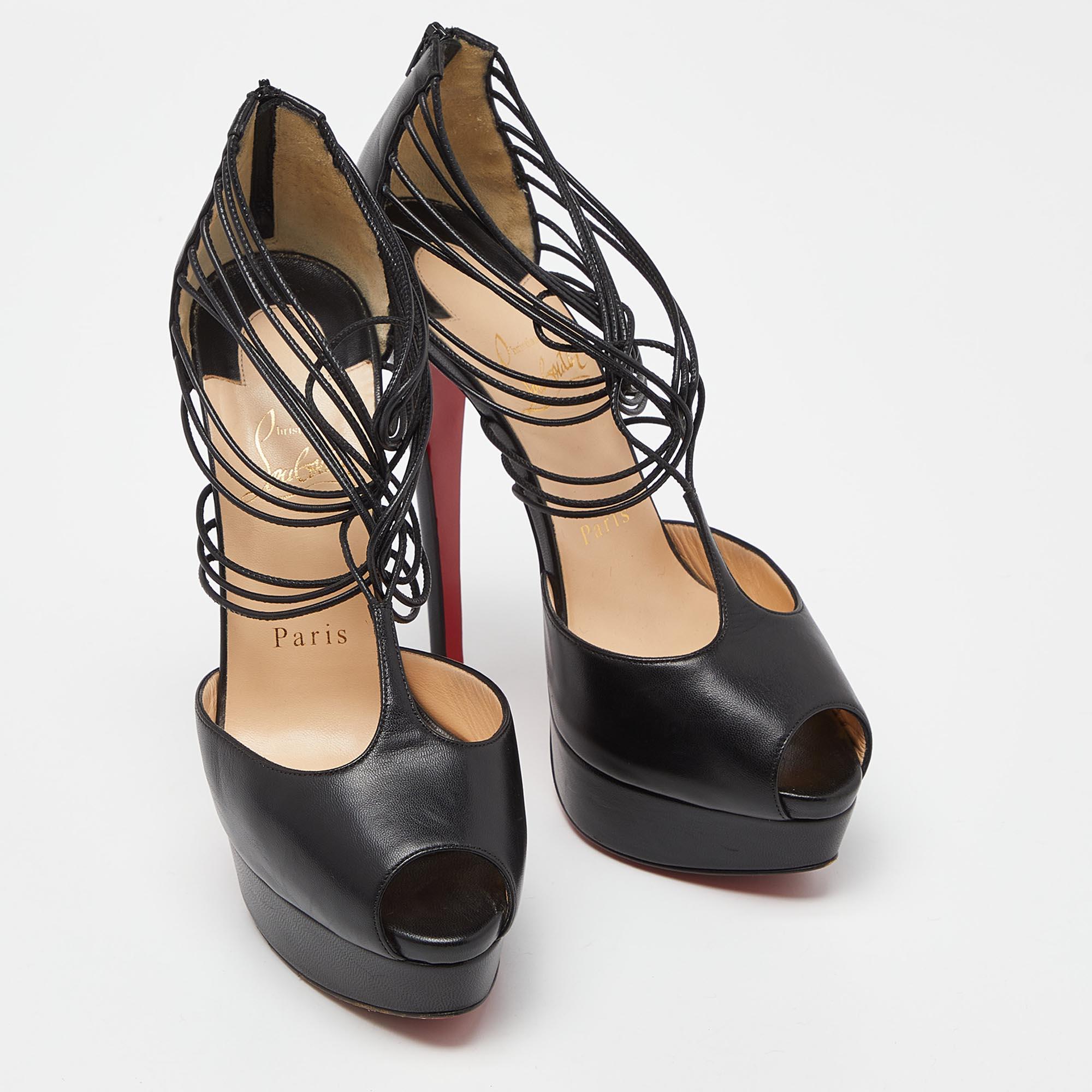 Women's Christian Louboutin Black Leather Confusalta Platform Sandals Size 37.5 For Sale