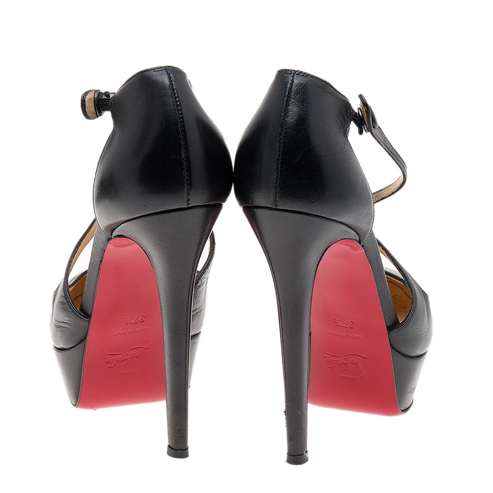 Christian Louboutin Black Leather Criss Cross Platform Pumps Size 37.5 In New Condition For Sale In Dubai, Al Qouz 2