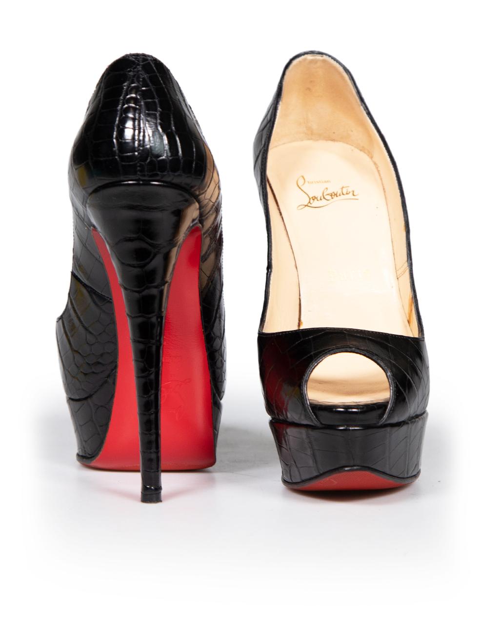 Christian Louboutin Black Leather Croc Lady Peep Heels Size IT 37 In Good Condition For Sale In London, GB