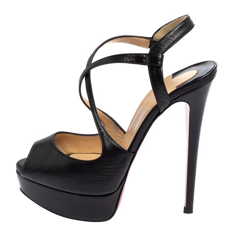 Christian Louboutin Black Leather Cross Me Peep Toe Pumps Size 35 For Sale  at 1stDibs