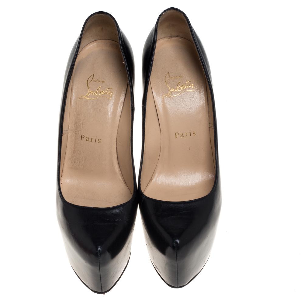 Take your love for Louboutins to new heights by adding this gorgeous pair to your collection. The pumps simply speak high fashion in every stitch and curve. The exteriors come made from black leather and the pumps are finished with concealed