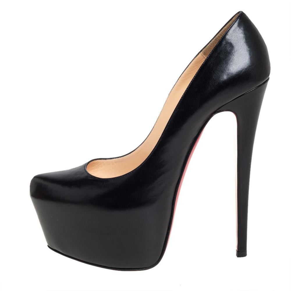 Take your love for Louboutins to new heights by adding this gorgeous pair to your collection. The pumps simply speak high fashion in every stitch and curve. The exteriors come made from leather and the pumps are finished with high platforms, 16 cm