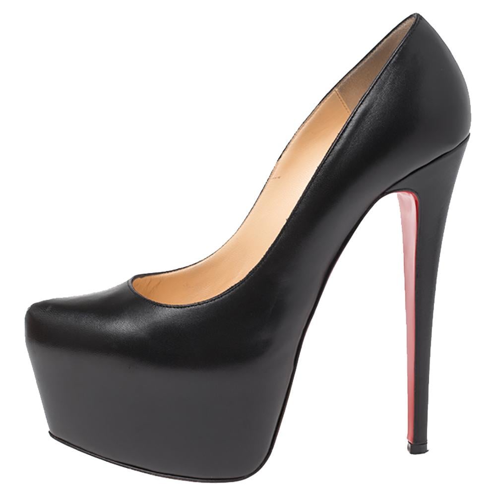 Take your love for Louboutins to new heights by adding this gorgeous pair to your collection. These black pumps simply speak high fashion in every stitch and curve. The exteriors come made from leather and the pumps are finished with concealed