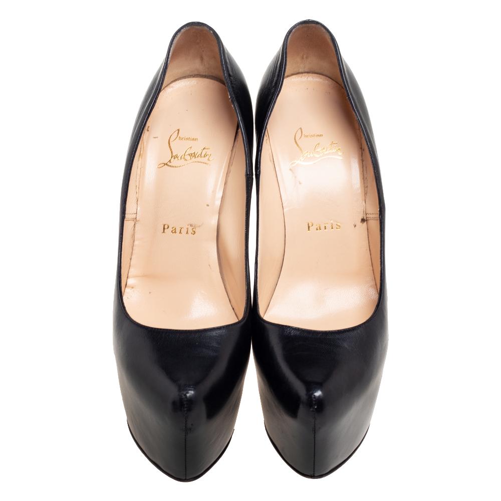Take your love for Louboutins to newer heights by adding this gorgeous black pair to your collection. The pumps truly speak high fashion in every stitch and curve. Crafted from leather, they are finished with platforms, 16 cm heels, and signature
