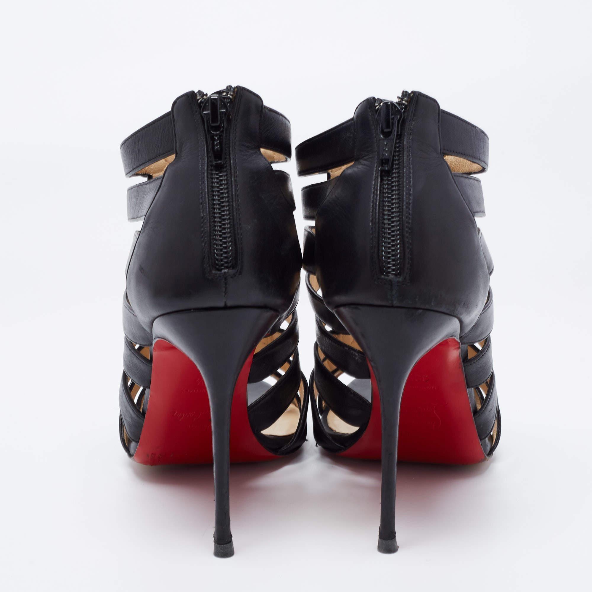 Christian Louboutin Black Leather Denis Caged Sandals Size 39.5 In Good Condition For Sale In Dubai, Al Qouz 2