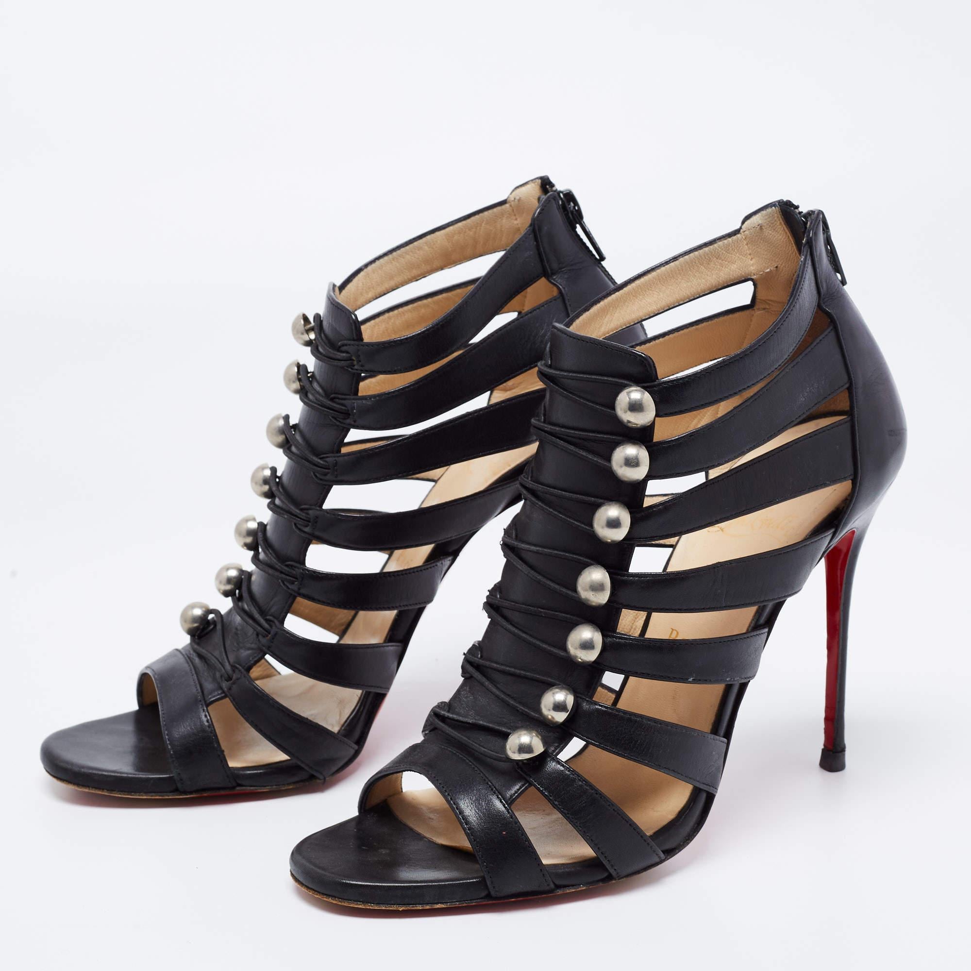 Women's Christian Louboutin Black Leather Denis Caged Sandals Size 39.5 For Sale