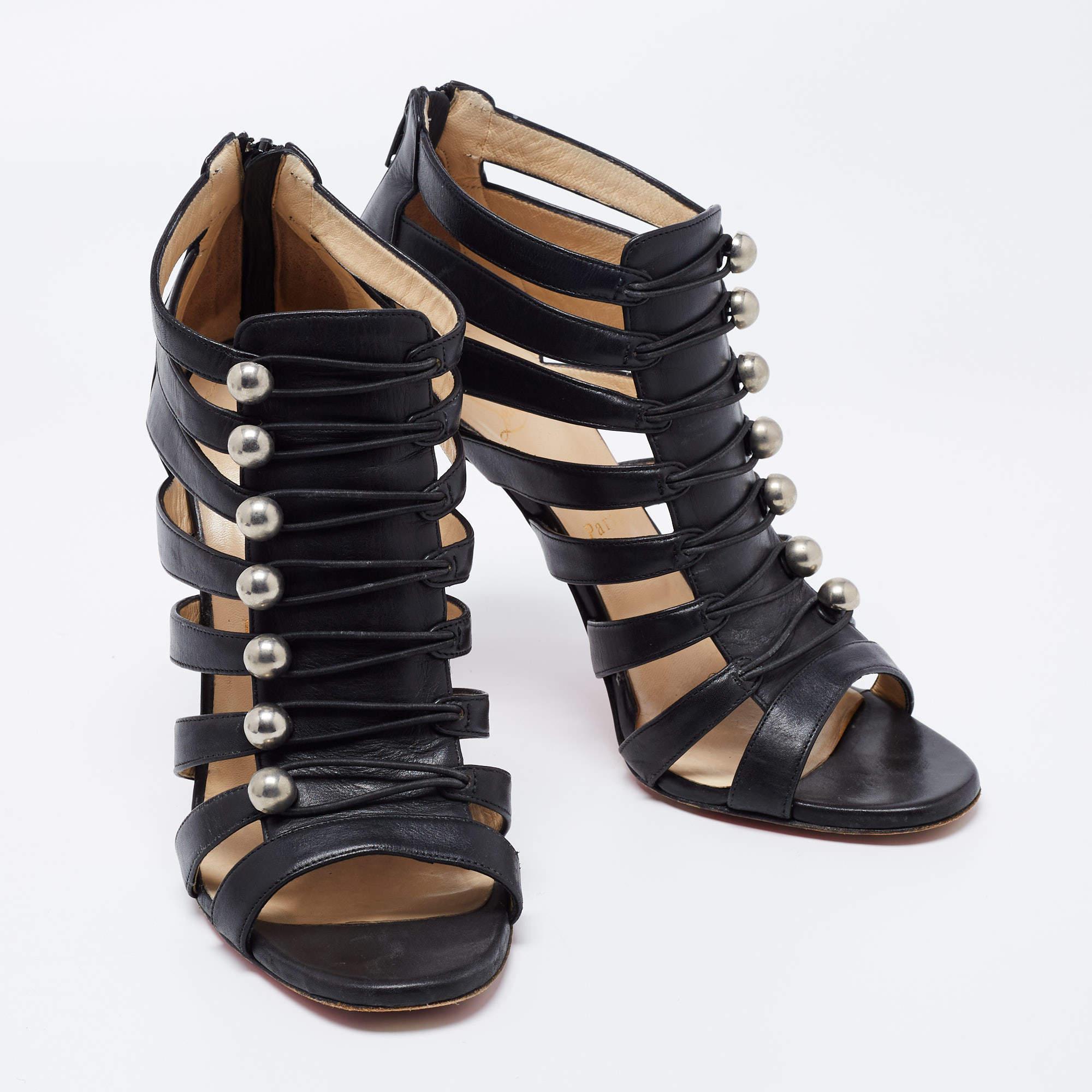 Christian Louboutin Black Leather Denis Caged Sandals Size 39.5 For Sale 1