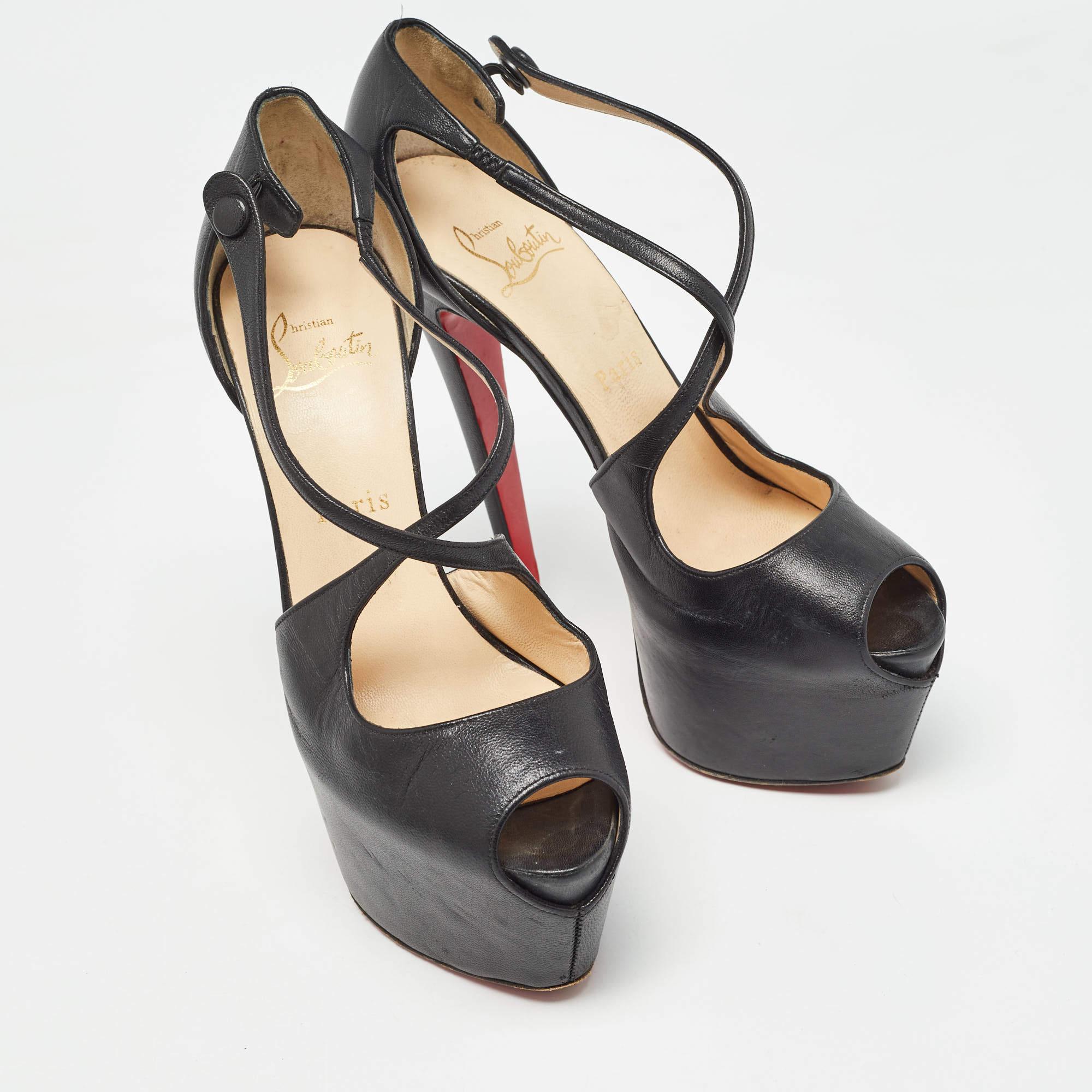 Women's Christian Louboutin Black Leather Exagona Sandals Size 37.5