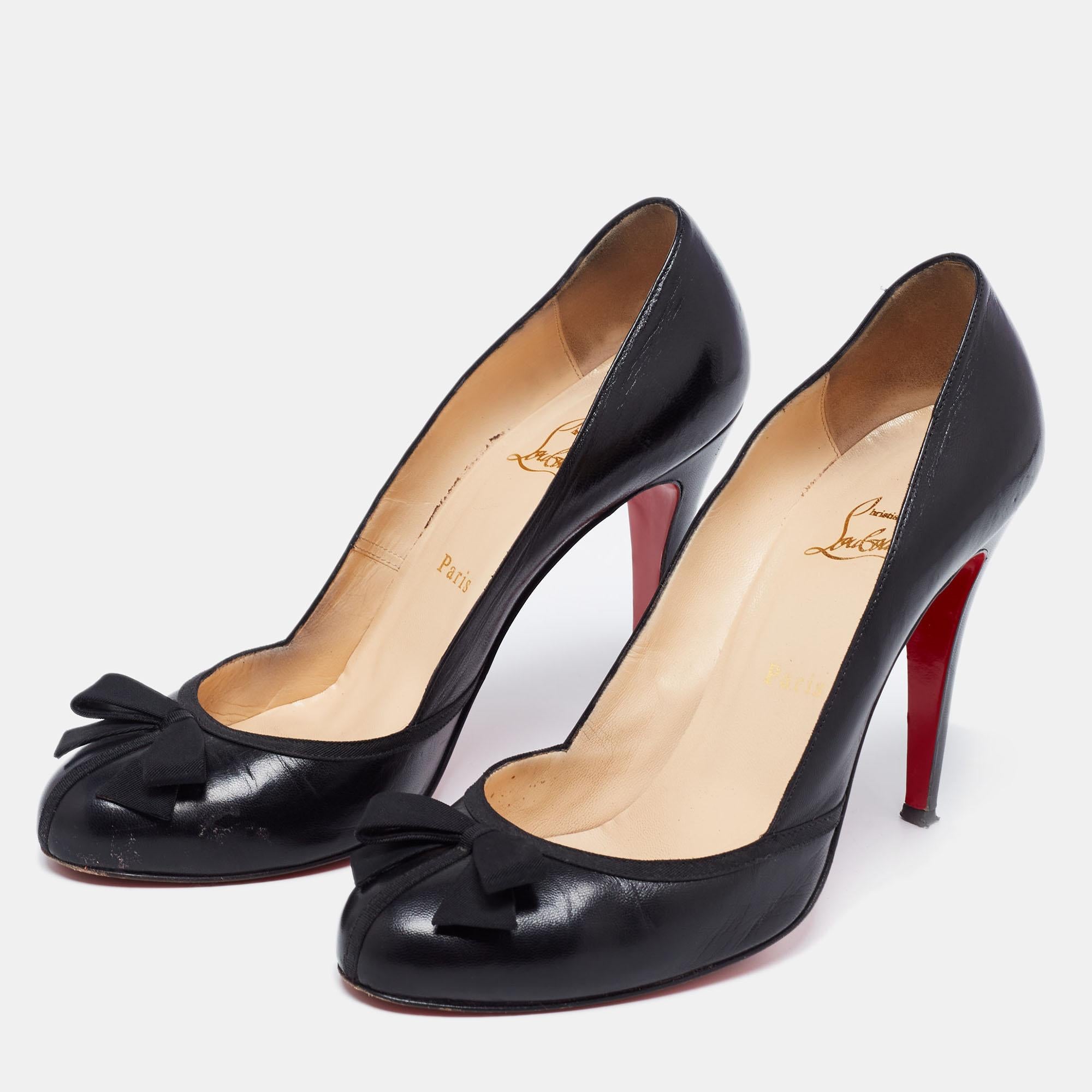 Women's Christian Louboutin Black Leather Fabric Bow Lavalliere Round-Toe Pumps Size 41