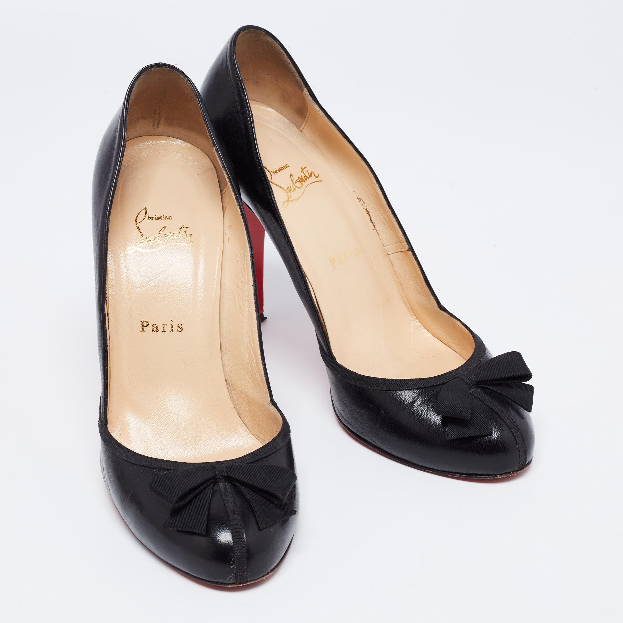 Christian Louboutin Black Leather Fabric Bow Lavalliere Round-Toe Pumps Size 41 1