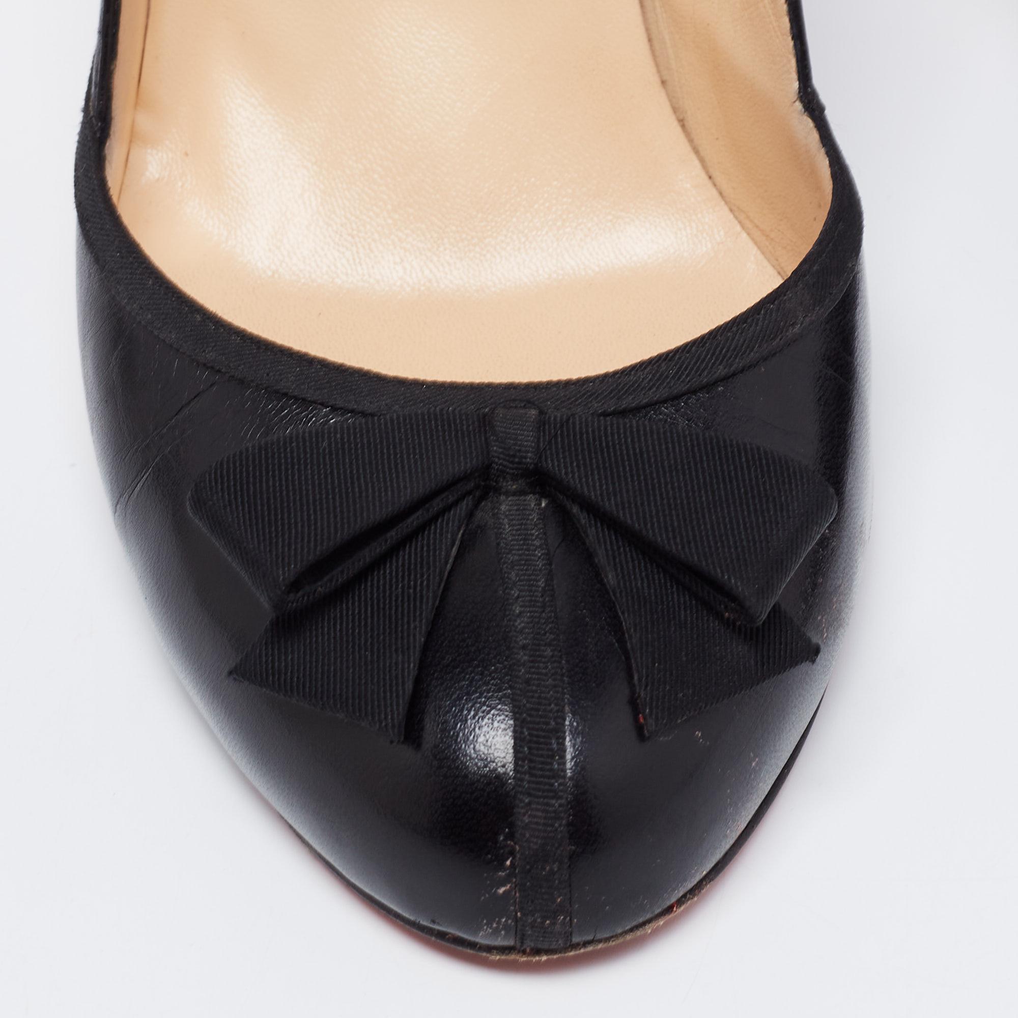 Christian Louboutin Black Leather Fabric Bow Lavalliere Round-Toe Pumps Size 41 2