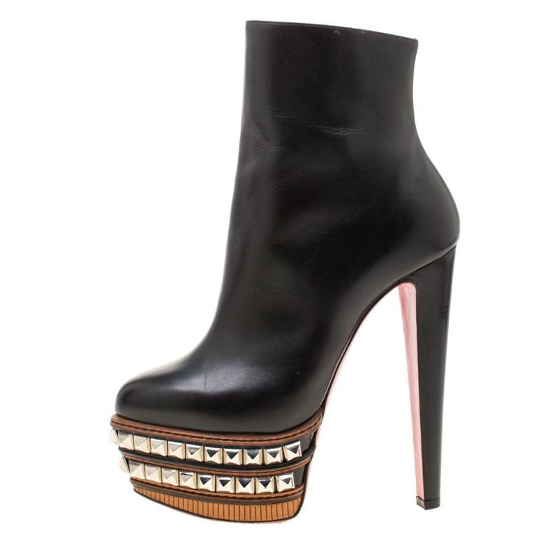 Christian Louboutin Black Leather Faolo Studded Platform Ankle Boots Size 38.5 For Sale at 1stDibs