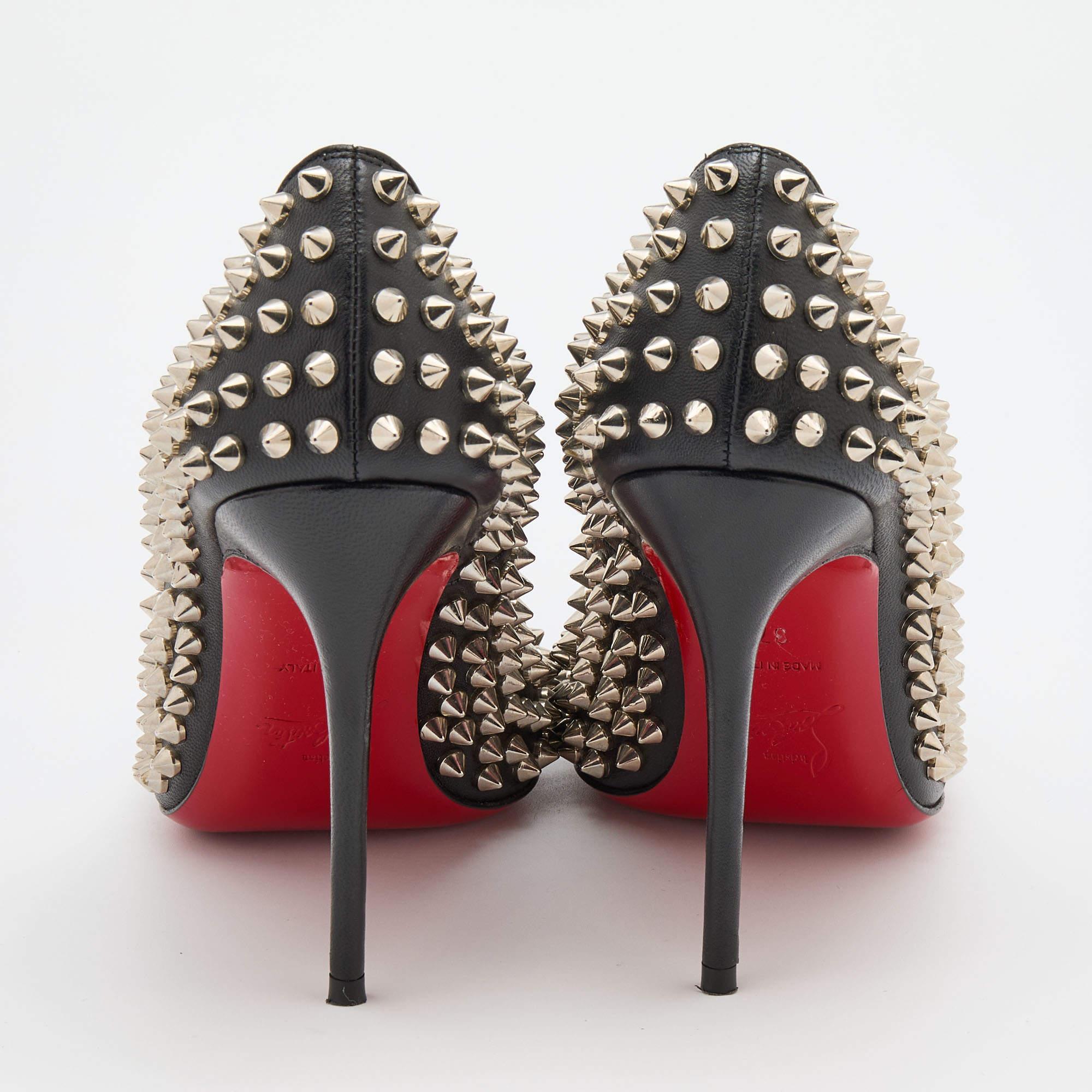 Brown Christian Louboutin Black Leather Fifi Spike Round Toe Pumps Size 37 For Sale