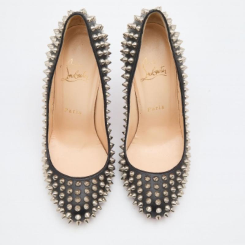 Christian Louboutin Black Leather Fifi Spike Round Toe Pumps Size 37 For Sale 1