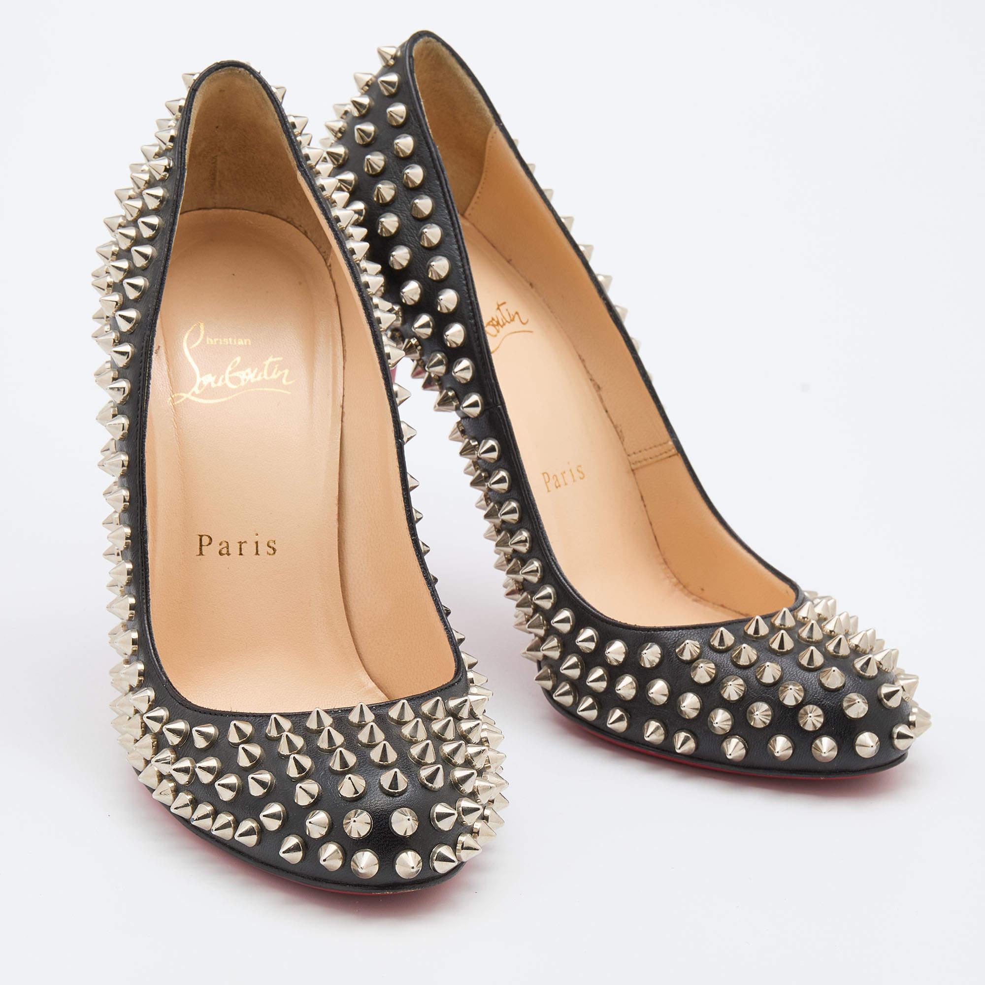 Women's Christian Louboutin Black Leather Fifi Spike Round Toe Pumps Size 37 For Sale