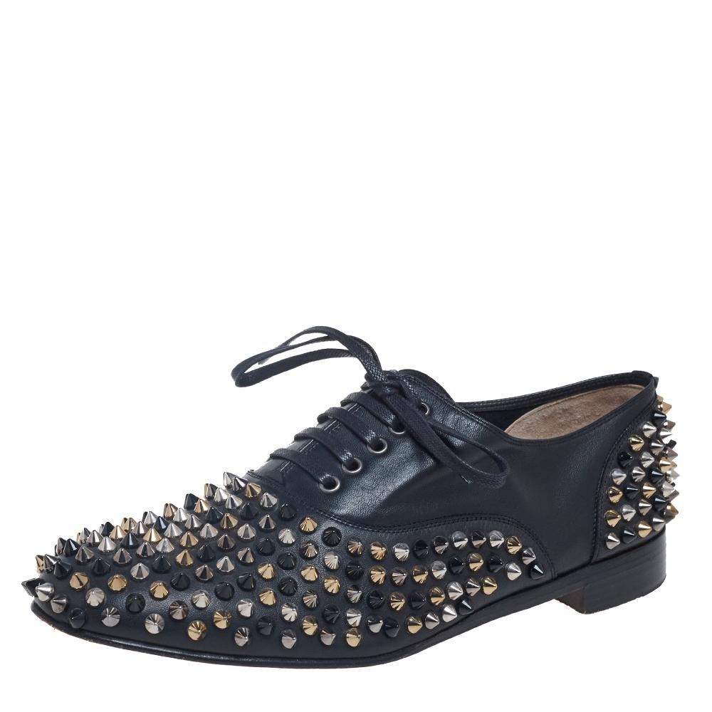 Christian Louboutin Black Leather Freddy Spike Lace-Up Oxfords Size 39.5 2