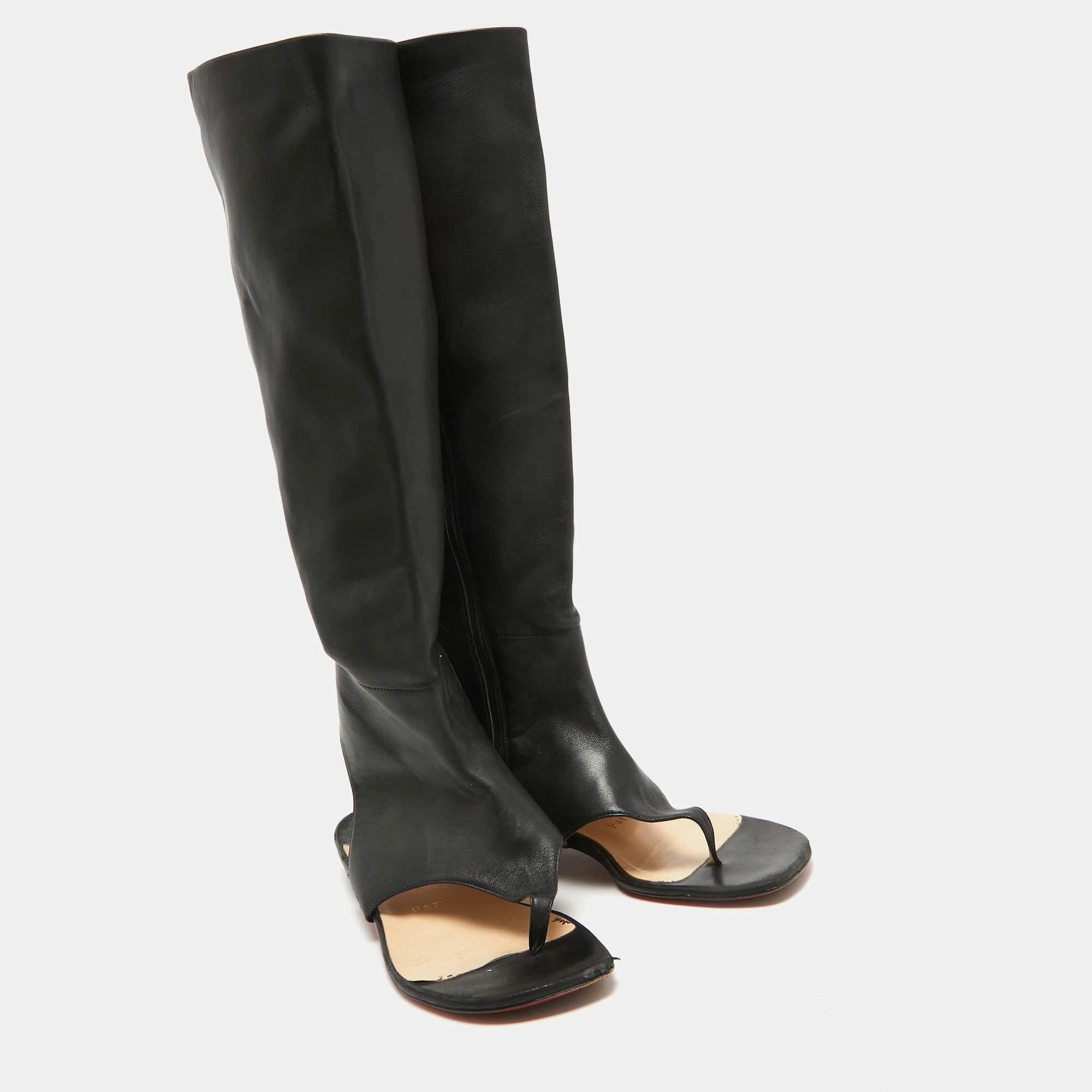 Women's Christian Louboutin Black Leather From Sand Flat Knee Sandals Size 37