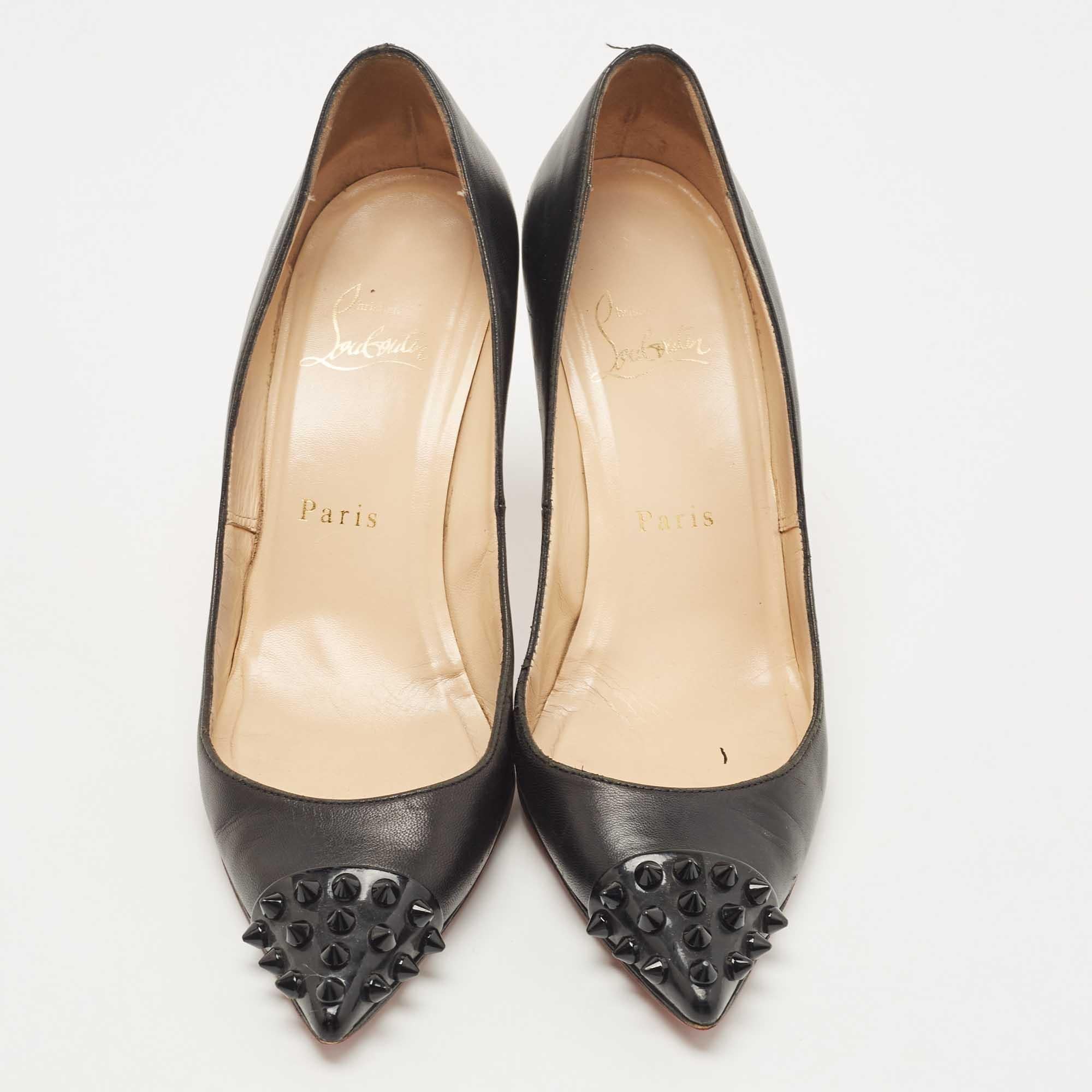 Women's Christian Louboutin Black Leather Geo Pumps Size 36.5 For Sale