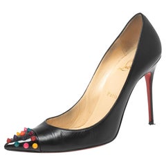 Christian Louboutin Black Leather Geo Spike Studded Cap Toe Pumps Size 38