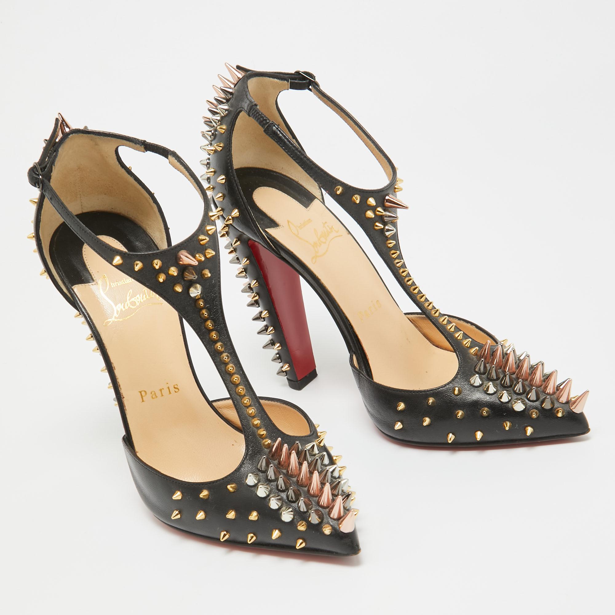 Women's Christian Louboutin Black Leather Goldostrap Spike Pumps Size 37 For Sale