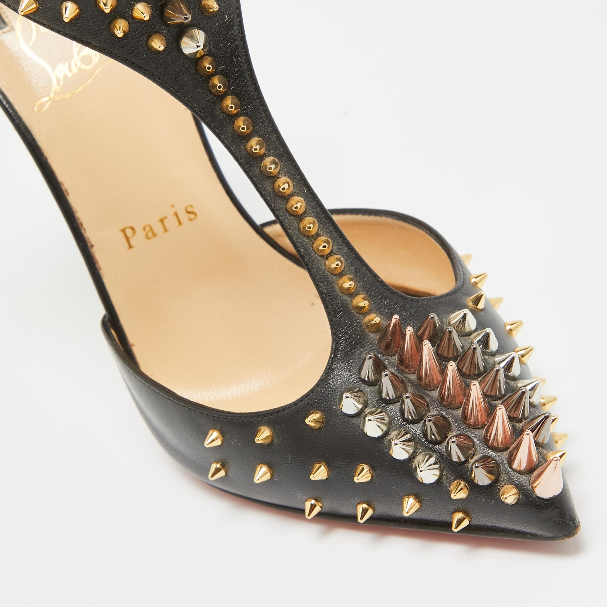 Christian Louboutin Black Leather Goldostrap Spike Pumps Size 37 For Sale 1