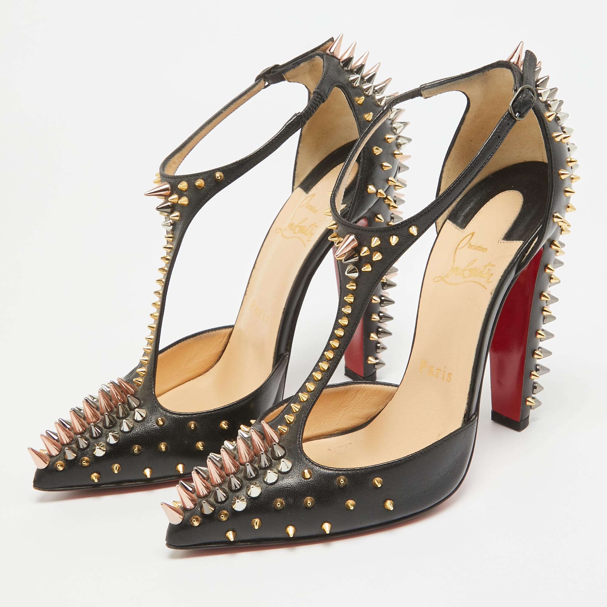 Christian Louboutin Black Leather Goldostrap Spike Pumps Size 37 For Sale 3